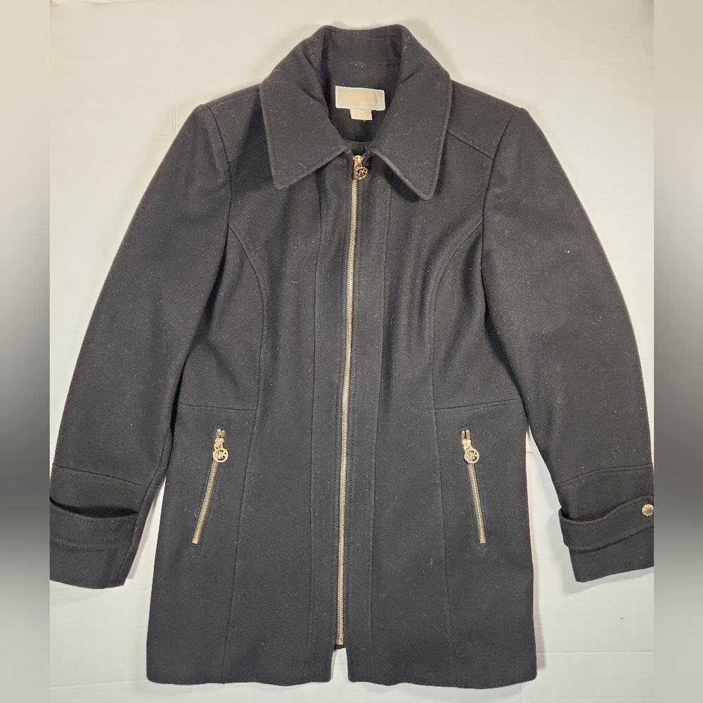 Michael Kors Women Jacket Sz 10 Black Wool Blend Coat Full Zip (No Hood)